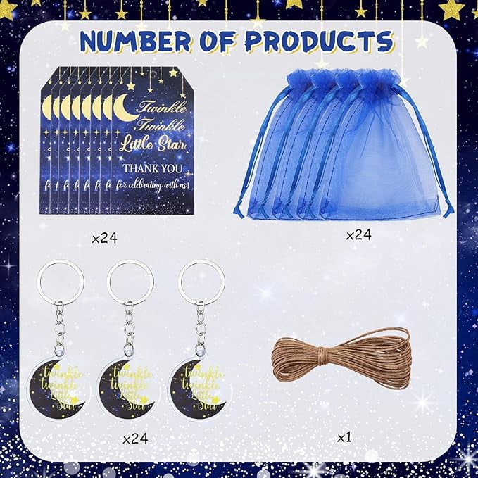 Serencatcher Twinkle Twinkle Little Star Party Favors, 72pcs Over The Moon Baby Shower Decorations Navy Blue Moon Star Keychains Thank You Tags Organza Bags for He or She Gender Reveal Party