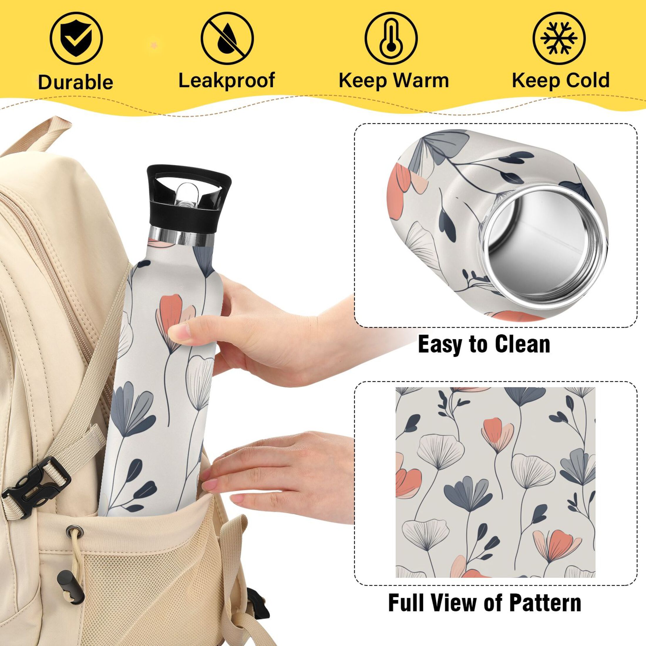 Kids Insulated Stainless Steel Sports Water Bottle 600ml (20oz) Elegant and Simple Flowers