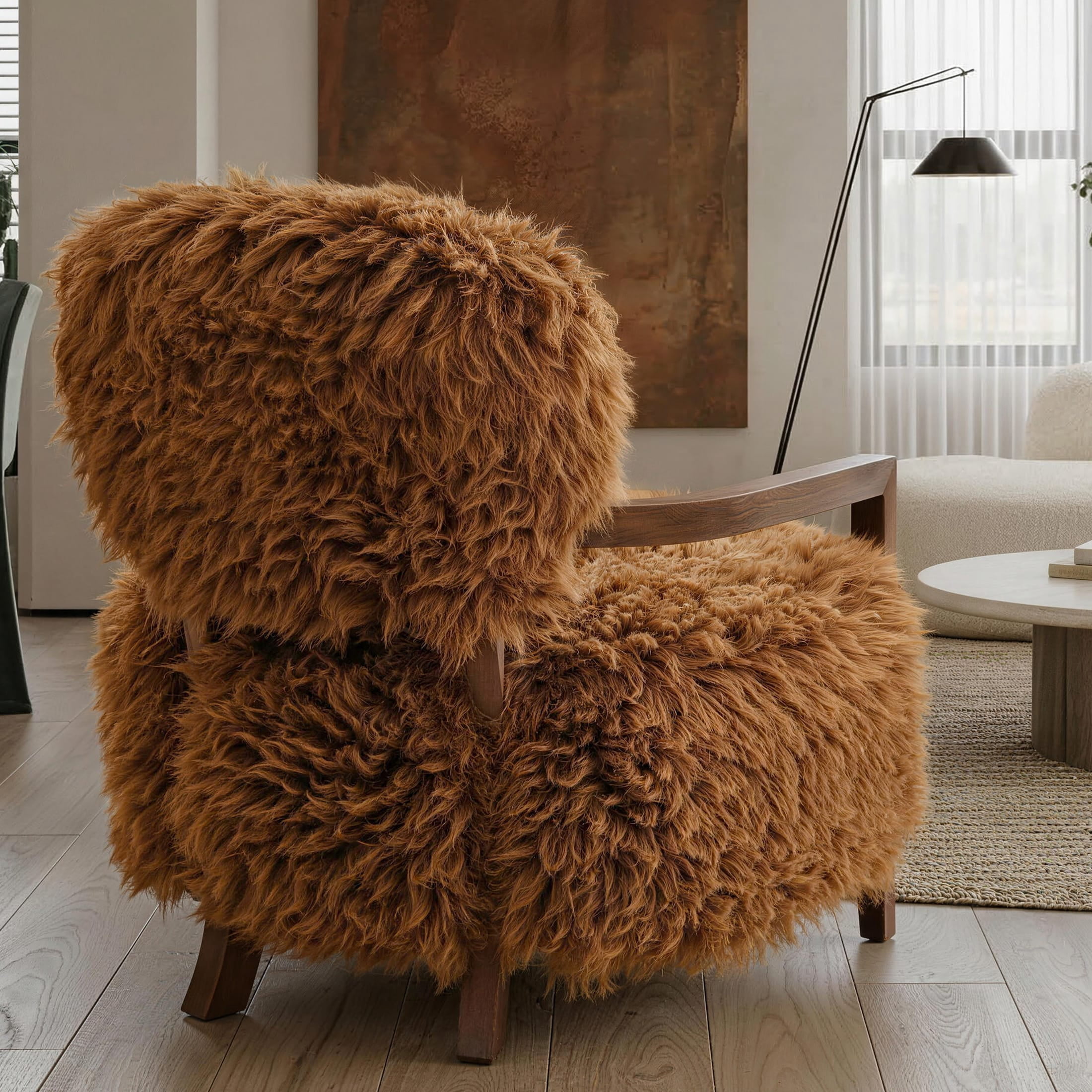 Aenkyo Yeti Contemporary Faux Fur Accent Chair with Walnut Wood Arms, Orange
