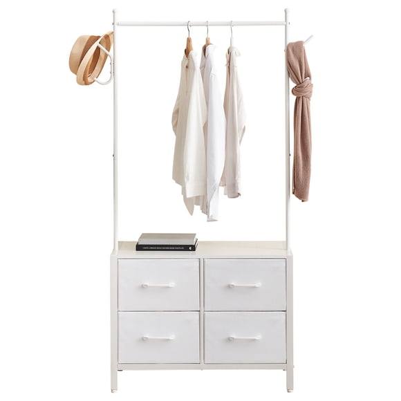 Spacious 4-Drawer Dresser Organizer - Metal Frame, Wooden Top, Hanging Rod & 2 Side Hooks - Clothes Storage Cabinet for Bedroom Closet