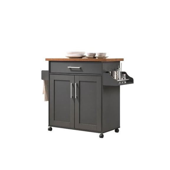 Kitchen Island Cart with Spice Rack & Storage - Grey Oak Kitchen Island with Drawer & Cabinet