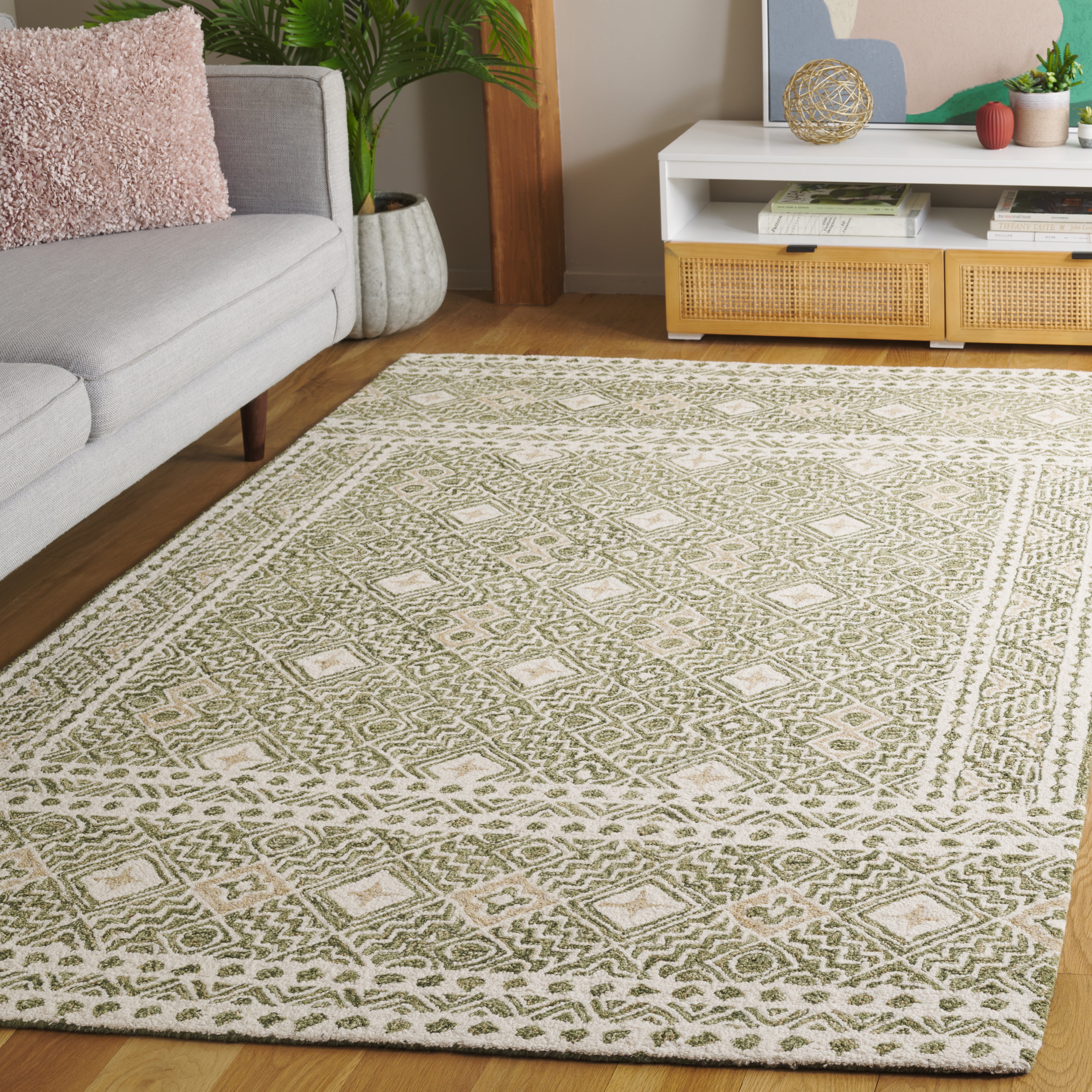 SAFAVIEH Micro-Loop Aditya Geometric Area Rug, Green/Ivory, 4' x 6'