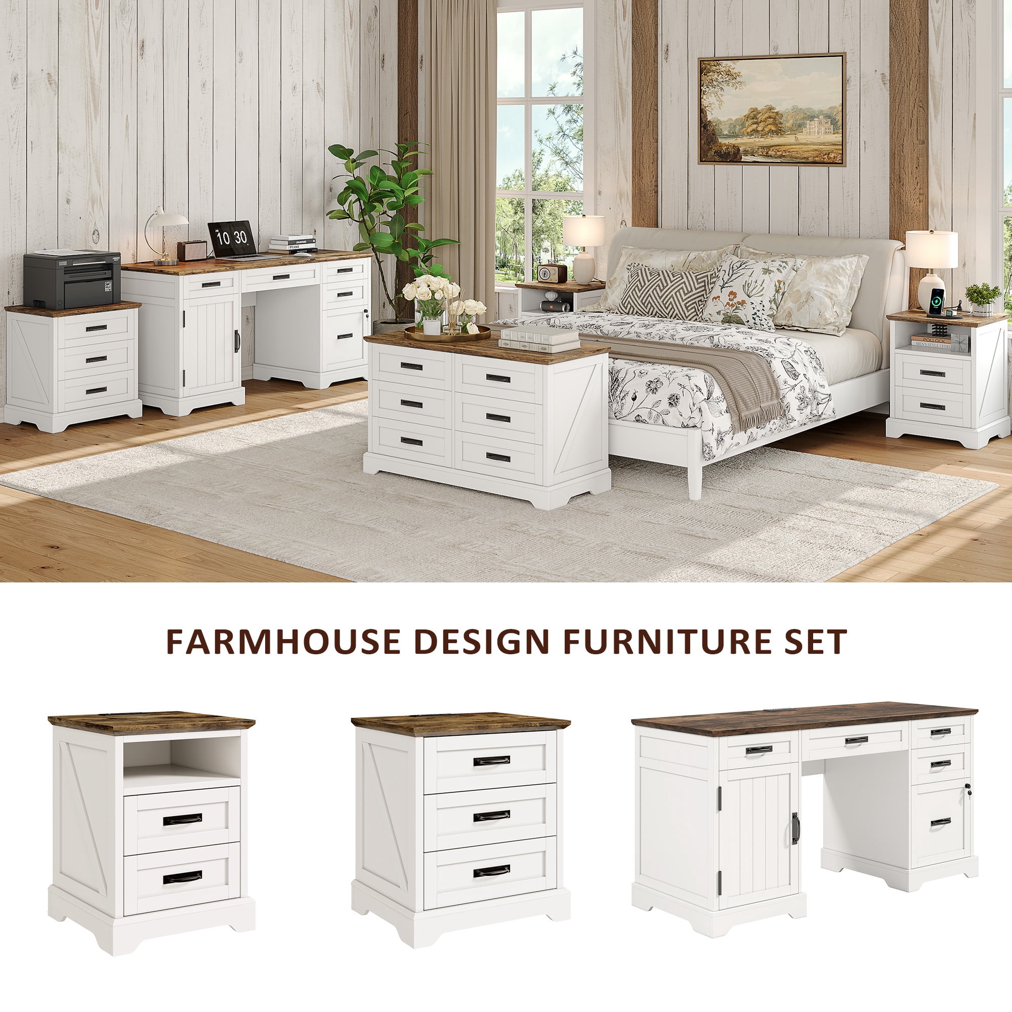 Nightstand with Charging Station, 18'' Farmhouse Bedroom Side Table, Modern End Table, White
