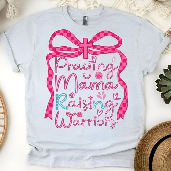 Women’s Faith-Based Tee Praying Mama Raising Warriors | Religious Mom Shirt, Ash, Size S