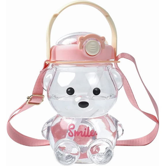 Kiibsot Cute Bear Straw Water Bottle, 34oz Leak-Proof Clear Water Bottle with Adjustable & Removable Shoulder Strap for Boy and Girls