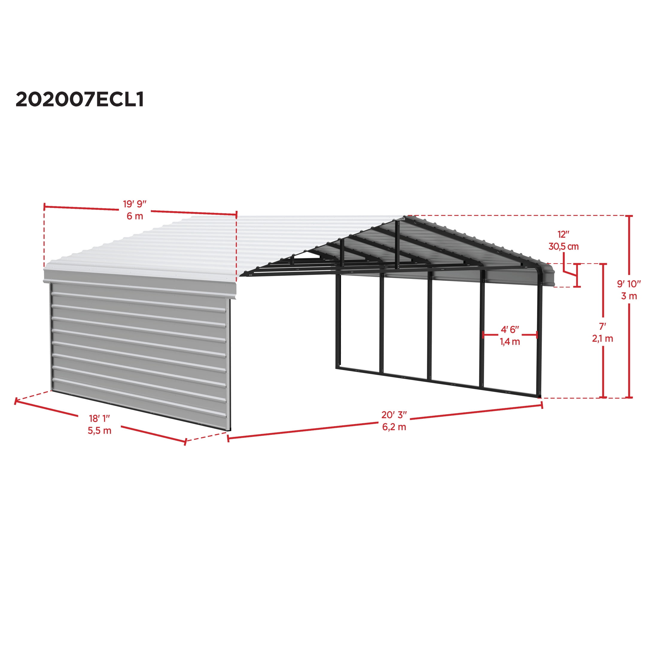 Arrow 20 x 20 x 7 ft Eggshell Carport With 1 Side Wall Kit
