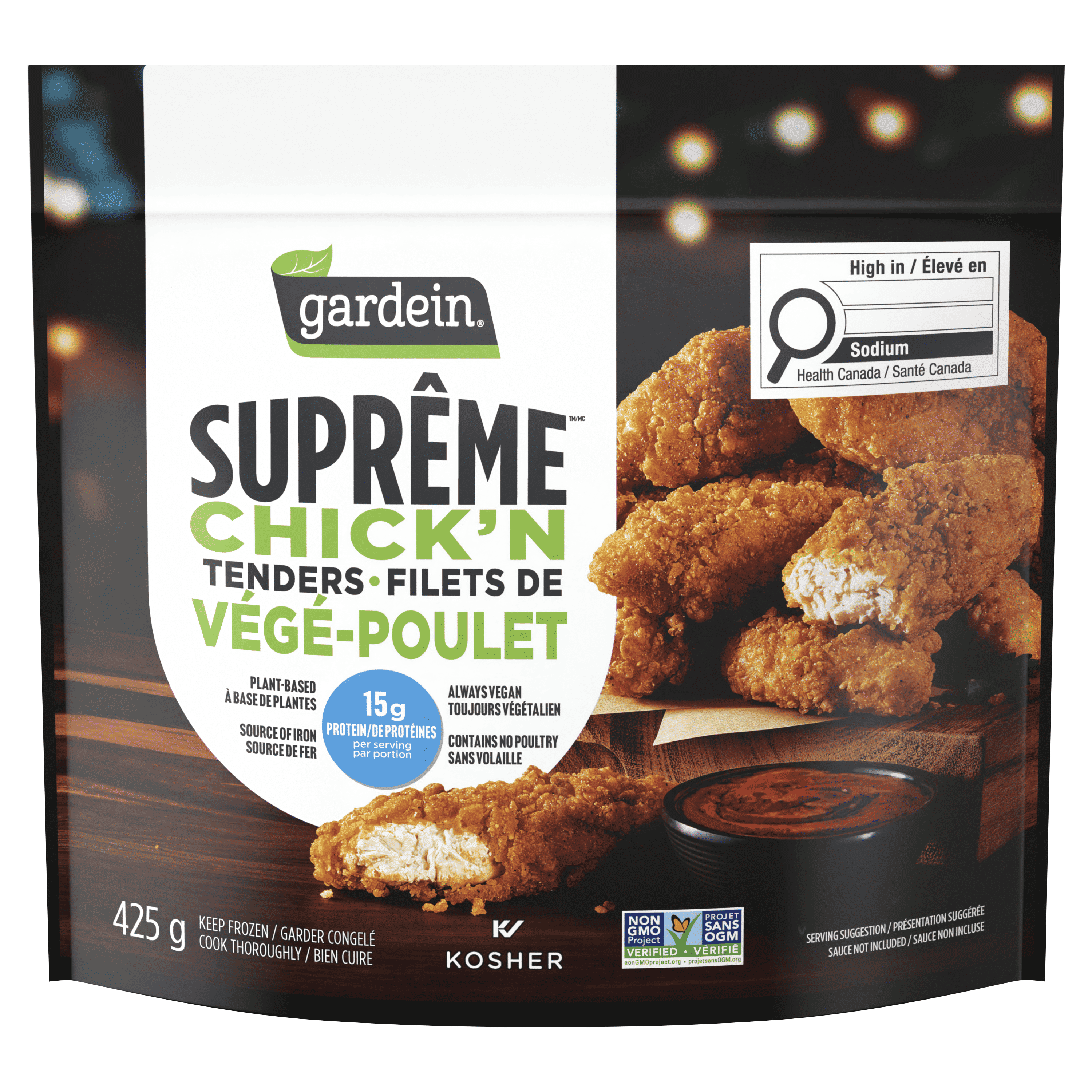 Gardein Suprême Frozen Chick’n Tenders, Enjoy in dinner or meal, Plant-based, Vegan, Source of Iron, 15g of protein, Chick’n Tenders, 425g