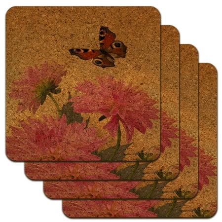 

Pink Dahlia Flowers and Butterfly Low Profile Novelty Cork Coaster Set