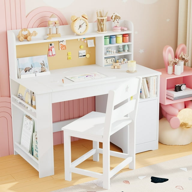 Bureau d'Étude pour Enfants Réglable avec Chaise – Table d'Activités en Bois avec Plateau Inclinable et Étagère de Rangement, Bibliothèque, Armoire – Meuble Ergonomique pour Enfants de 3 à 8 Ans, Chambre Ou Bureau d'Étude, Blanc
