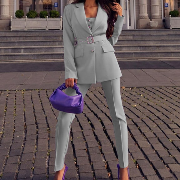 Meichang Women's 3 Piece Outfits Set Slimming Pants Fall Long Sleeve Blazer Jacket Button Lapel Collar Outwear Solid Suits