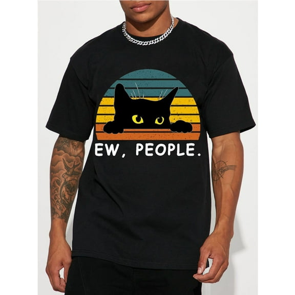 Men's Casual Trendy Black Cat Print T-shirt, Short Sleeve Crew Neck Hip Hop Style Tees For Summer Holiday Gift