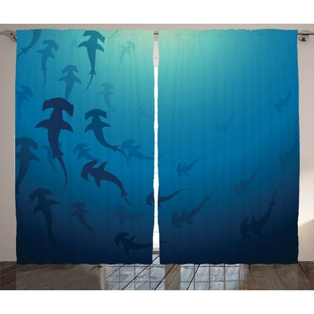 Blue Curtains 2 Panels Set, Hammerhead Shark School Scan Ocean Dangerous Predator Wild Nature Illustration, Living Room Bedroom Decor, Navy Blue, by