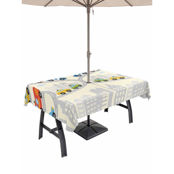 Outdoor Tablecloth with Umbrella Hole for Patio/Picnic/Party/Camping, Beige Childlike Fun Waterproof Table Cloth Rectangle Table Cover Washable, Abstract Modern City Car Silhouette (52"x 70")