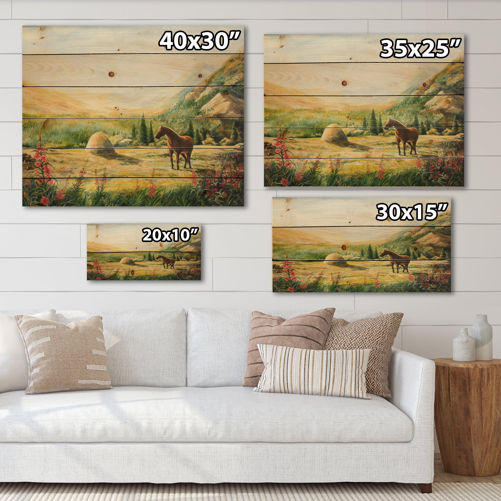 Designart 'Sunrise In The Mountains With Horse' Farmhouse Print on Natural Pine Wood