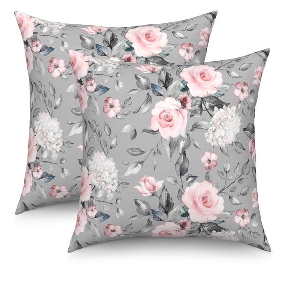 Dashan Gray and Pink Flowers Throw Pillow Covers 18x18 Set of 2,Farmhouse Floral Linen Pillow Cases for Sofa Couch Bedroom Decor