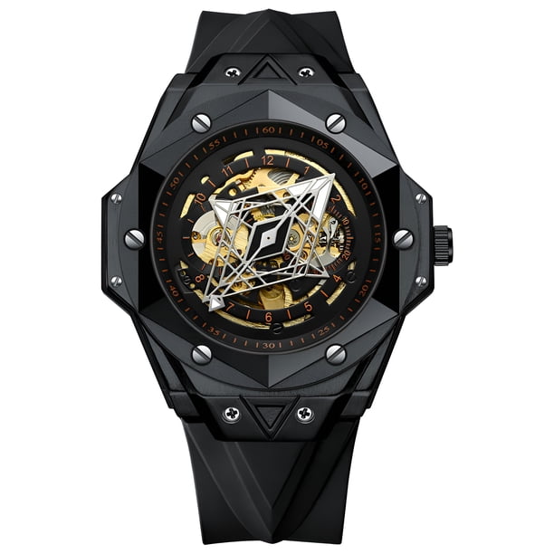 Reloj Mecánico Automático Geométrico de Esqueleto para Hombre, Luminoso, Reloj Deportivo de Pulsera con Correa de Silicona