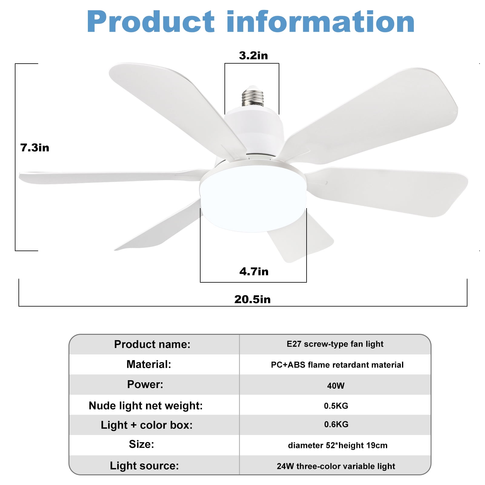 Socket Fan Light with Remote, 20.5in Small Ceiling Fan with 3-Speeds, Dimmable LED, E26/E27 Base, 6 Blades Light Socket Fan for Kitchen Bedroom