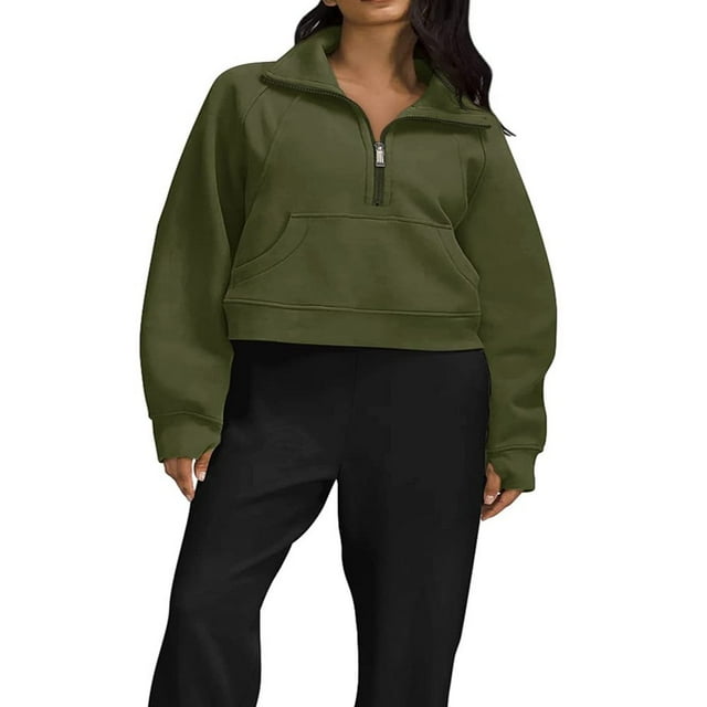 Pull Col en Molleton Doublé à Capuche pour Femmes 1/2 Sweat-Shirts à Fermeture Éclair à Manches Longues Pull-Over Pouce Trou
