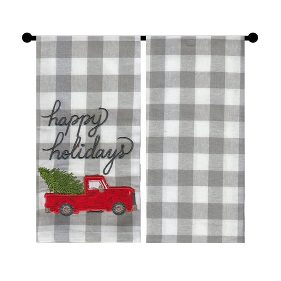 Gray Buffalo Plaid Kitchen Towels, 2 Pieces, Flat Embroidered, Red Truck, Trees  St Nicholas Square