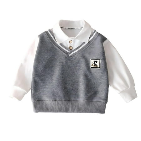 AHTJRT Kids Long Sleeve Shirt Casual Lightweight Lapel Button Top Tees Fake Two Pieces School College Uniforms Fashion Fall Spring Tops Gray 9-10 Years