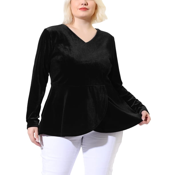 Women's Plus Size V Neck Tulip Hem Long Sleeve Peplum Velvet Tops Black 3X