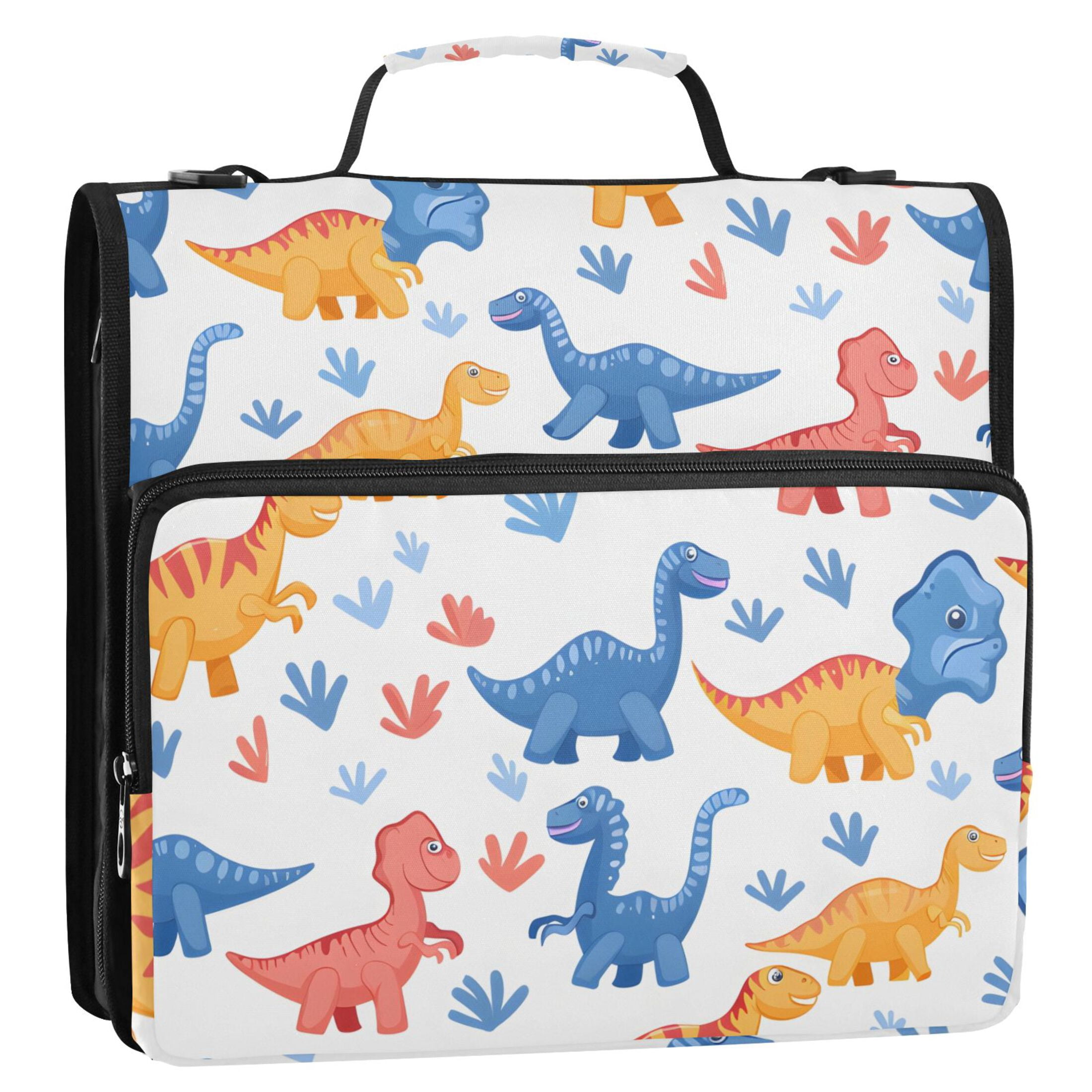 3 Ring Zipper Binder with Shoulder Strap Waterproof Trapper Keeper 2 Inch D-Ring 500 Sheets Capacity Cartoon Dinosaur and Glass