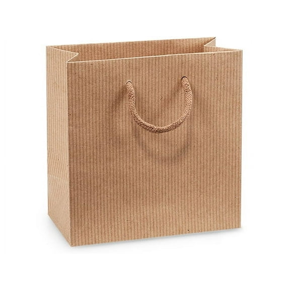Pack Of 100, Jewel 6.5 X 3.5 X 6.5" Brown Kraft Pinstripe Paper Gift Bags W/Varnish Stripe & Cotton Cord Handles