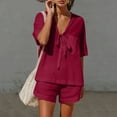 thumbnail image 7 of OGLCCG 2 Piece Cotton Linen Sets for Women V Neck Short Sleeve Tops and Wide Leg Shorts Summer Casual Beach Outfits with Pockets,M, 7 of 7