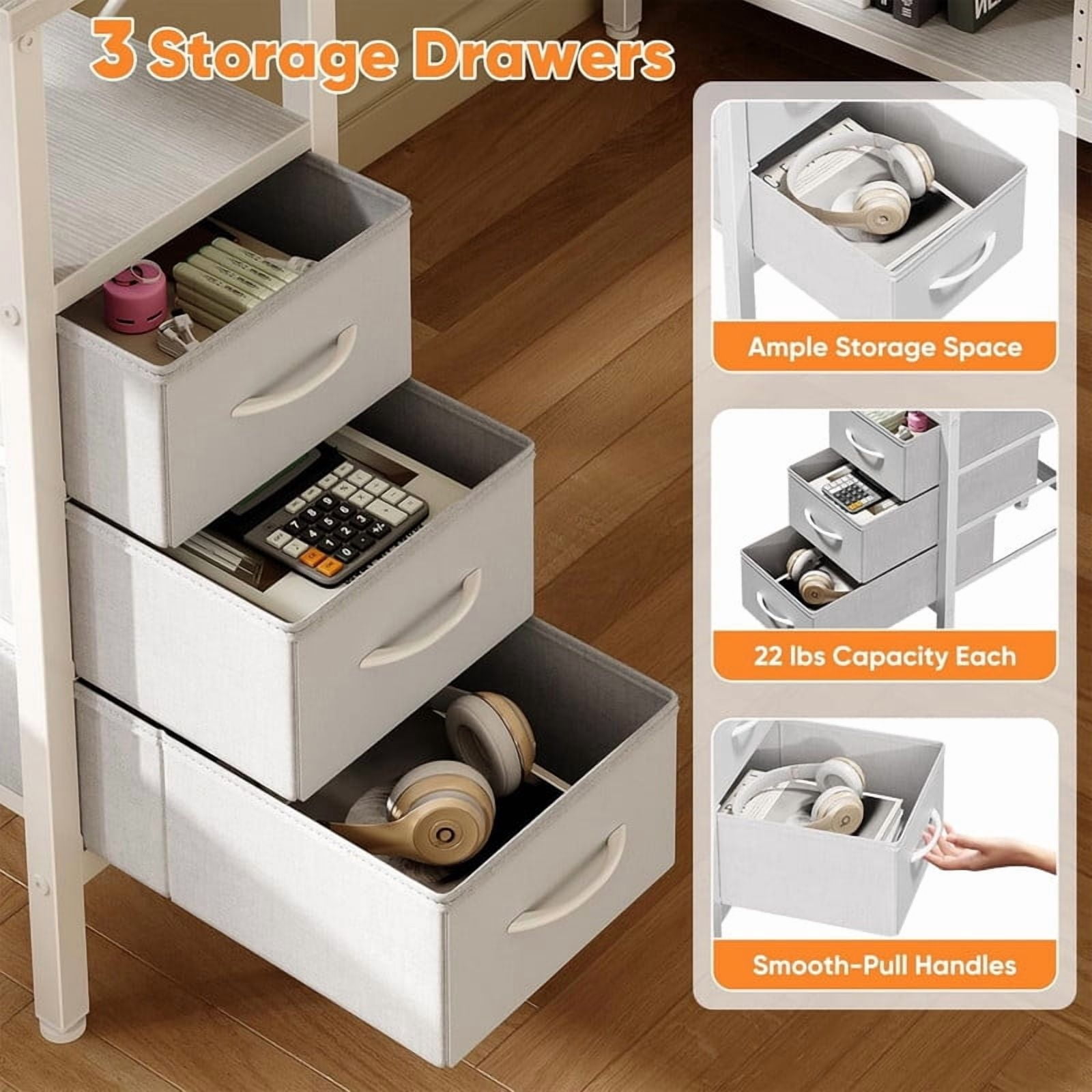 Kelno 47 Inch L Shaped Computer Desk with Power Outlets Adjustable Shelf 3 Fabric Drawer,White