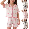 thumbnail image 7 of Virmaxy Bow Print Ice Silk Short Sleeve Pajama Set Summer Turn Down Collar Top with Elastic Waist Shorts Home Wear for Sleep and Lounge 3-11Y, 7 of 7