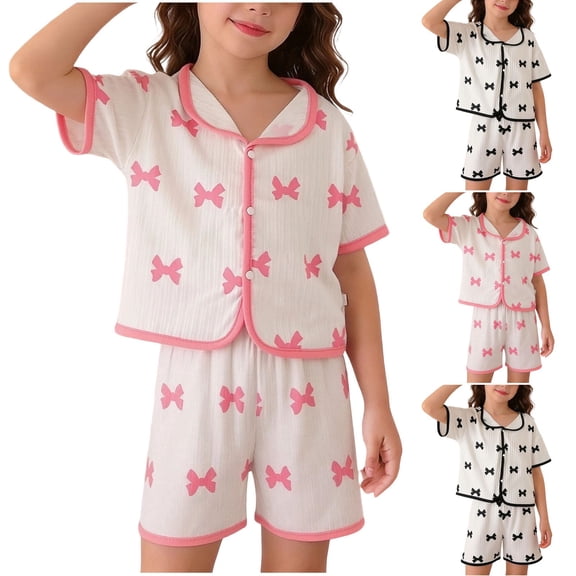 HBGVBA Toddler and Girl's Summer Set,Print Button-up Short Sleeve Shirt and Shorts,1-11 Years Bow Print Ice Silk Lapel Short Sleeve Set