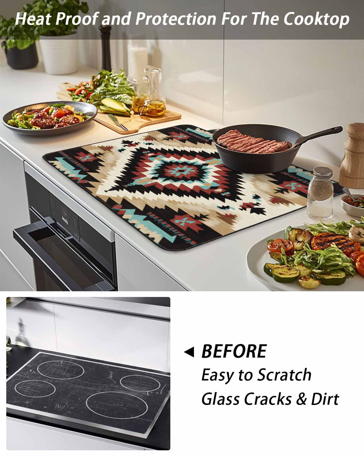 Stove Top Covers for Electric Stove, Boho Brown Teal Red Glass Stovetop Cover Protector, Southwestern Geometric Art Vintage Induction Cooktop Protector Oven Mat for Kitchen Countertop 24"x21"
