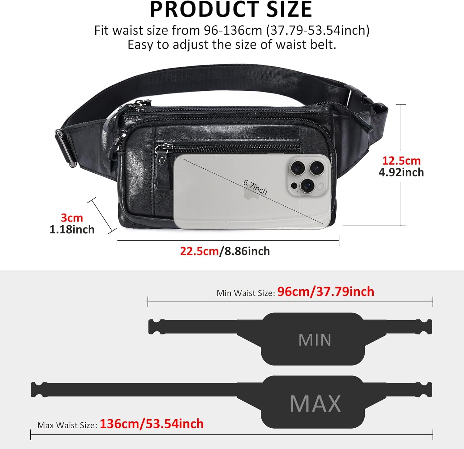 Leather Fanny Pack for Men Women, Belt Bag Fashion Waist Packs Small Crossbody Bag with Adjustable Strap for Travel Sport Walk (Black)