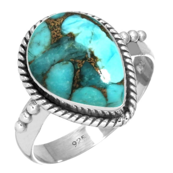 925 Silver Ring For Women - Teens Copper Blue Turquoise Stone Silver Ring Size 6 December Birthstone Fashion Silver Ring Size 6 Gift For Wife On Valentine's Day 925 Silver Jewelry With Gemstone
