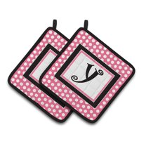Letter Y Monogram - Pink Black Polka Dots Pair of Pot Holders