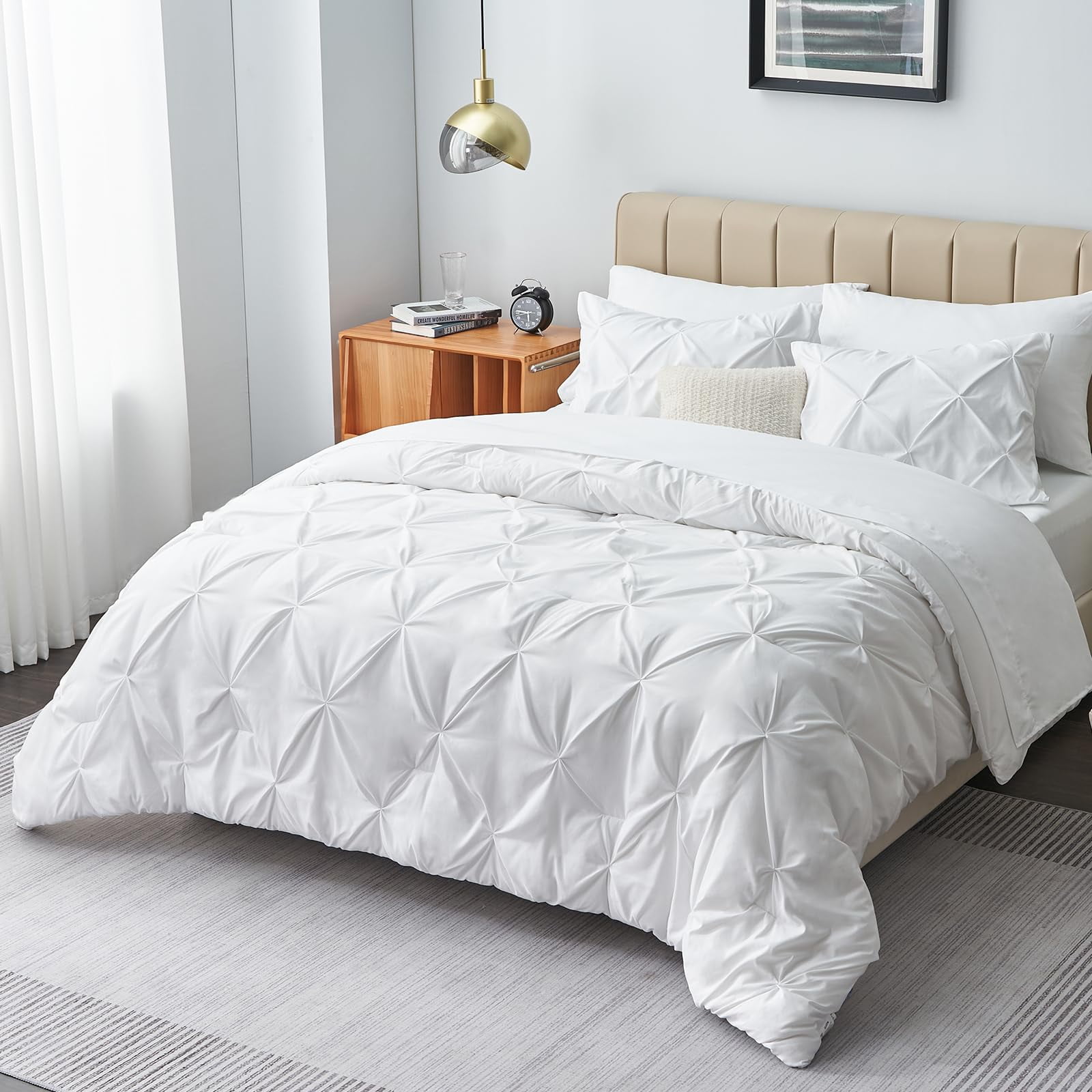 CozyLux Queen Comforter Set 7 Pieces Comforters Queen Size White Pintuck Bed In A Bag Pinch Pleat Complete Bedding Sets With Comforter Flat Sheet