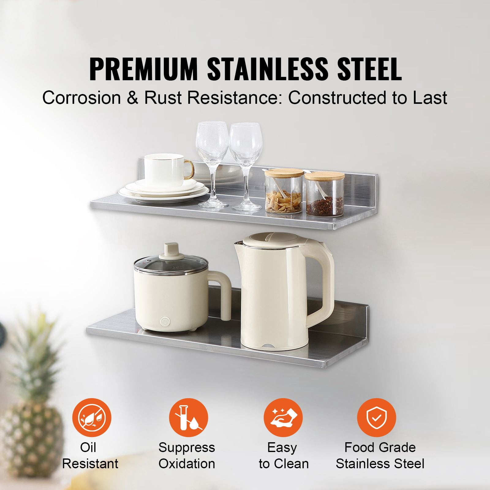 Stainless Steel Shelf 8.6x24 Inch Wall Mounted, 44 lbs Commercial Floating Shelving with Backsplash for Kitchen Restaurant