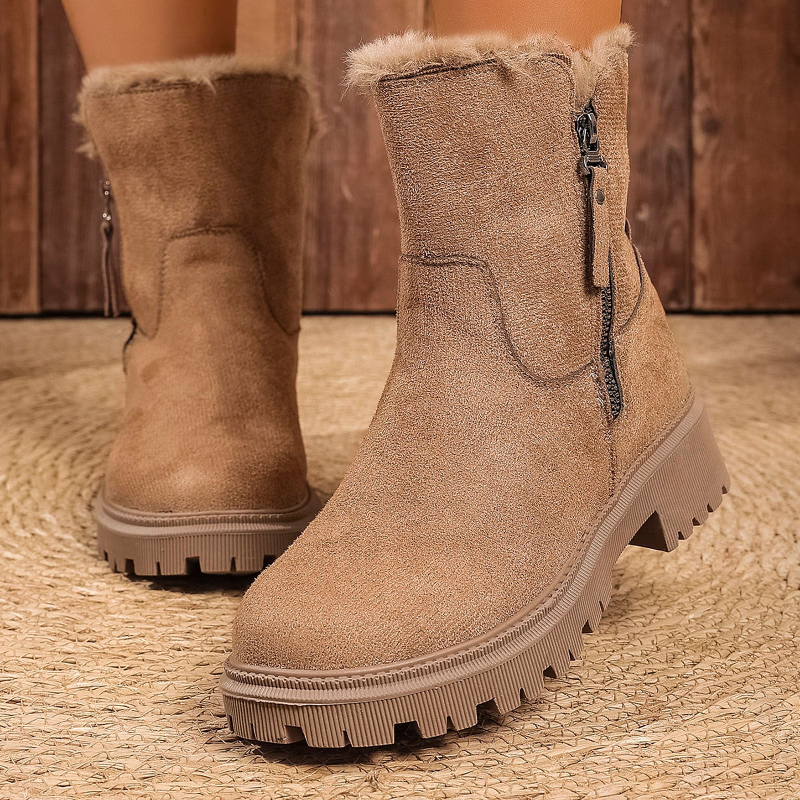Xfvqtps Thermal Winter Boots for Women Warm Furry Lined Mid Calf Boots Waterproof Snow Shoes Non Slip Sole Outdoor Hiking Booties Comfortable Brown