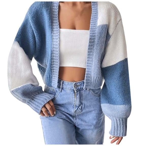 VISALY Cropped Cardigan Crochet Cardigan Women's Casual Knit Open Front Tops Long Sleeve Color Block Cardigans Sweaters Lightweight Short Outerwear Coats Cardigan Sweaters Trendy Cardigan Blue L