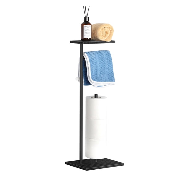 Black Standing Toilet Paper Holder with Storage Shelf - Freestanding Bathroom Tissue Roll Dispenser, Wood & Metal Design