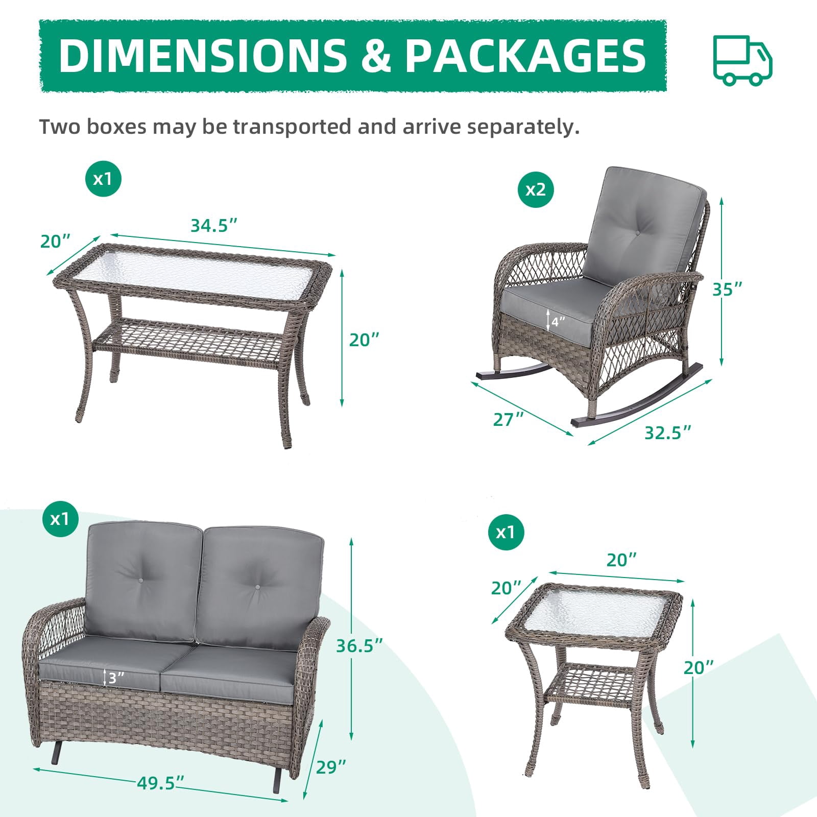 VIVIJASON 5-Piece Outdoor Patio Wicker Conversation Sets, All Weather Outdoor Rattan Furniture Set Includes Glider Loveseat, 2 Coffee Table, 2 Rocking Chairs with Cushions for Backyard, Grey