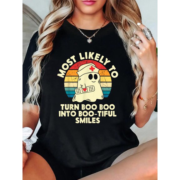 Most Likely To Halloween Turn Boo Boo To Boo-tiful SmilesCrew Neck Graphic Tee Cotton Lightweight T-Shirt