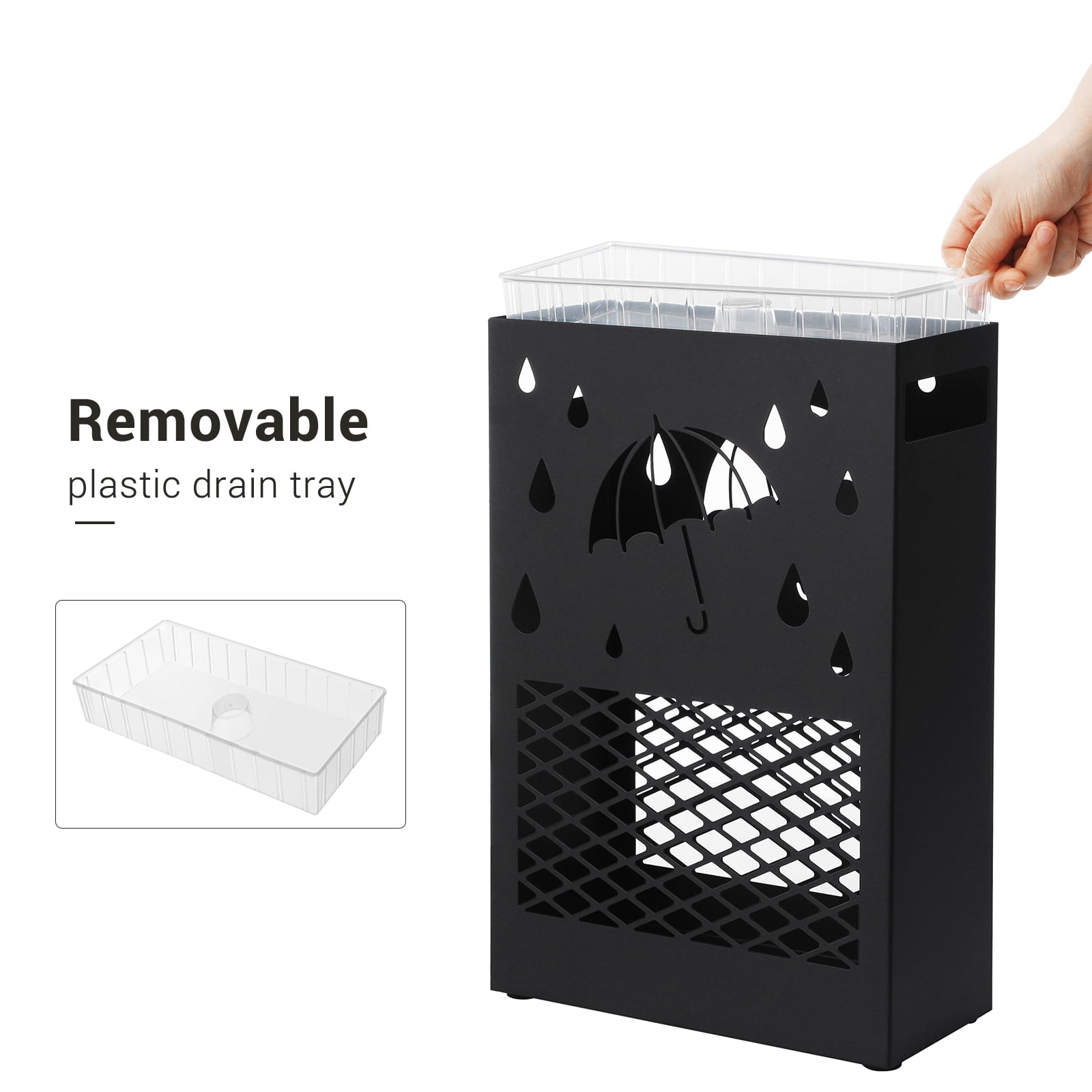 SONGMICS Metal Umbrella Stand, Rectangular Umbrella Holder Rack, with a Removable Drip Tray, 4 Hooks, Cutout Design, for Entryway, Office, Black