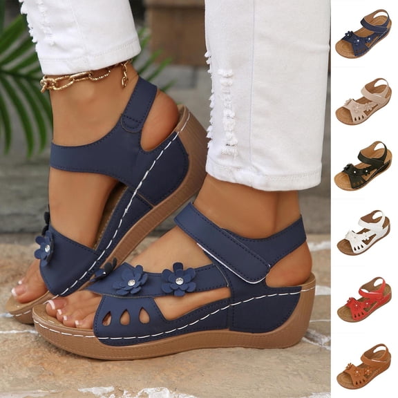 GERsome Low Wedge Heels Sandals for Women Open Toe Ankle Strap Platform Sandals for Travel Summer Beach, Blue Size 5.5