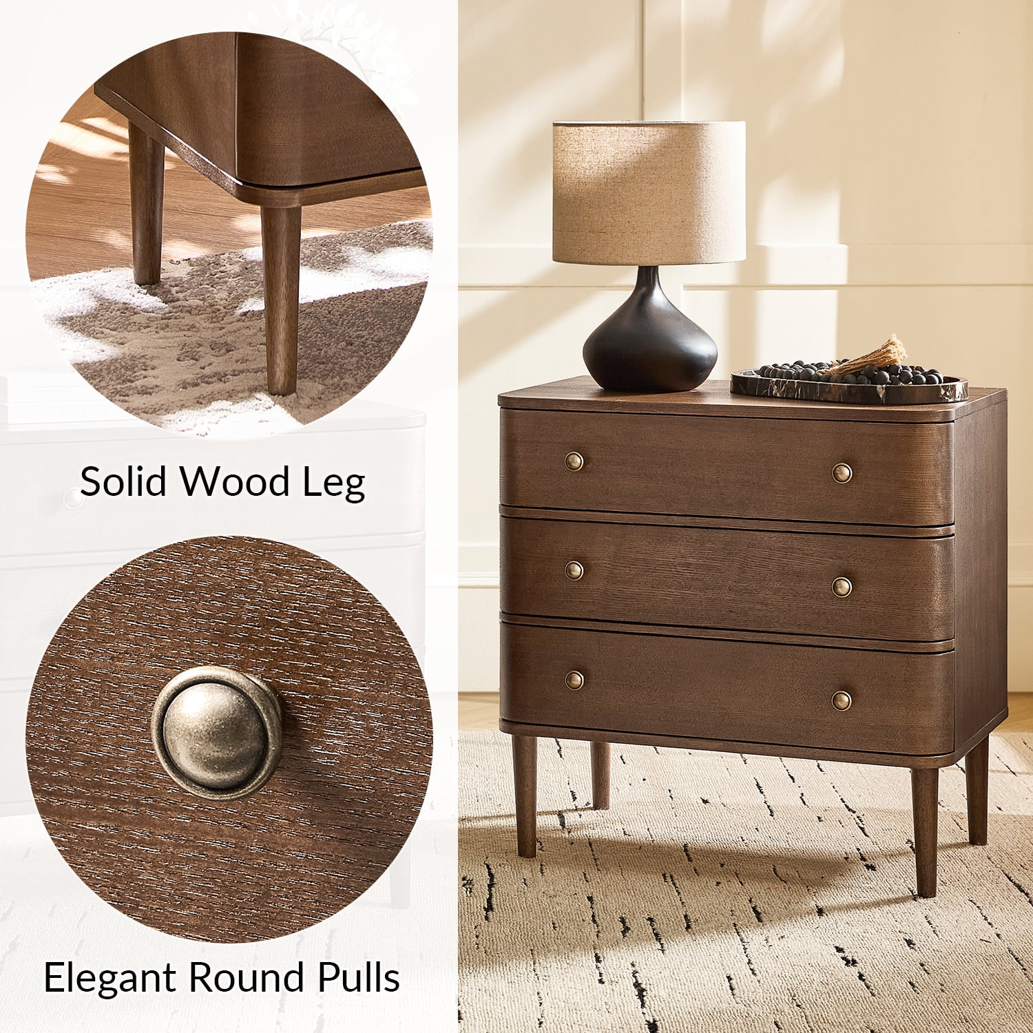 26" Modern 3 Drawers End Table Curved Table with Charging Station for Living Room Walnut