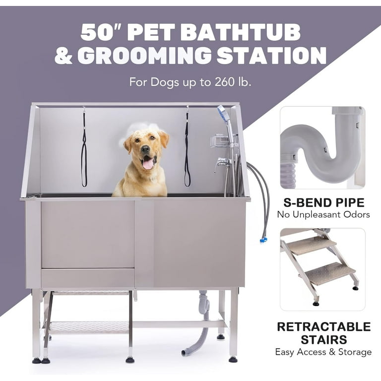Homhougo 50 Inch Pets Dog Grooming Tub Stainless Steel Pet Dog Bath Tub Professional Home Large Dog Wash Station with Steps Faucet Accessories
