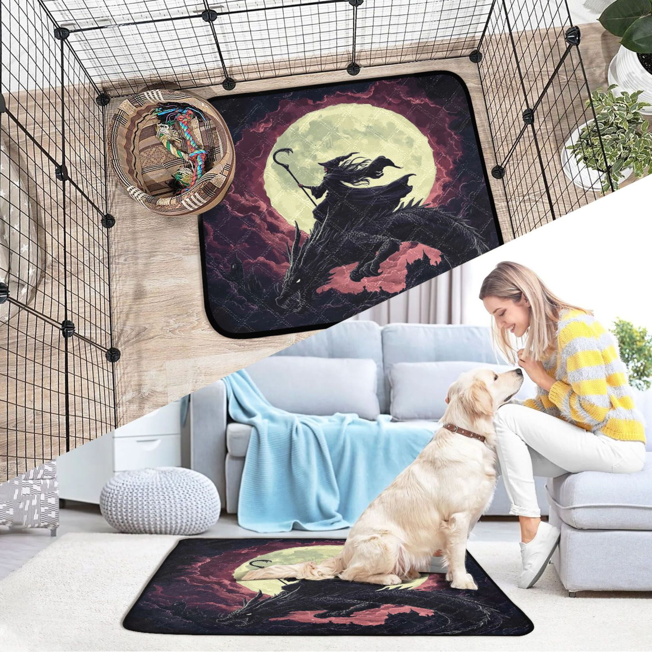Qxltty Witches and Black Dragon Cat litter Pads Pet Set of 3 Diaper Mats Center Anti-leakage Layer Absorbent Soft and Comfortable