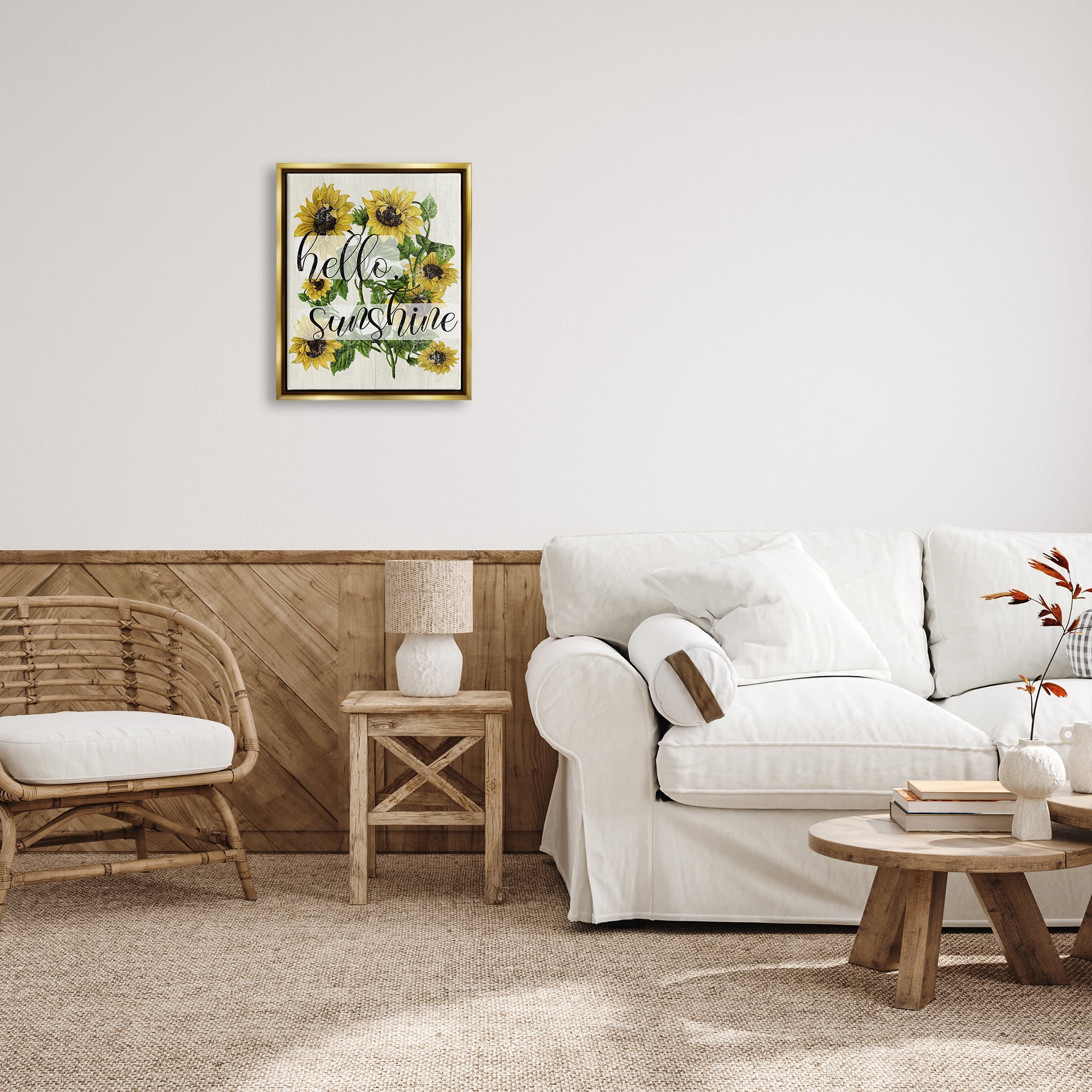 Stupell Industries Vintage Painted Sunflowers with Hello Sunshine Text Metallic Gold Framed Floating Canvas Wall Art, 16x20, by Daphne Polselli