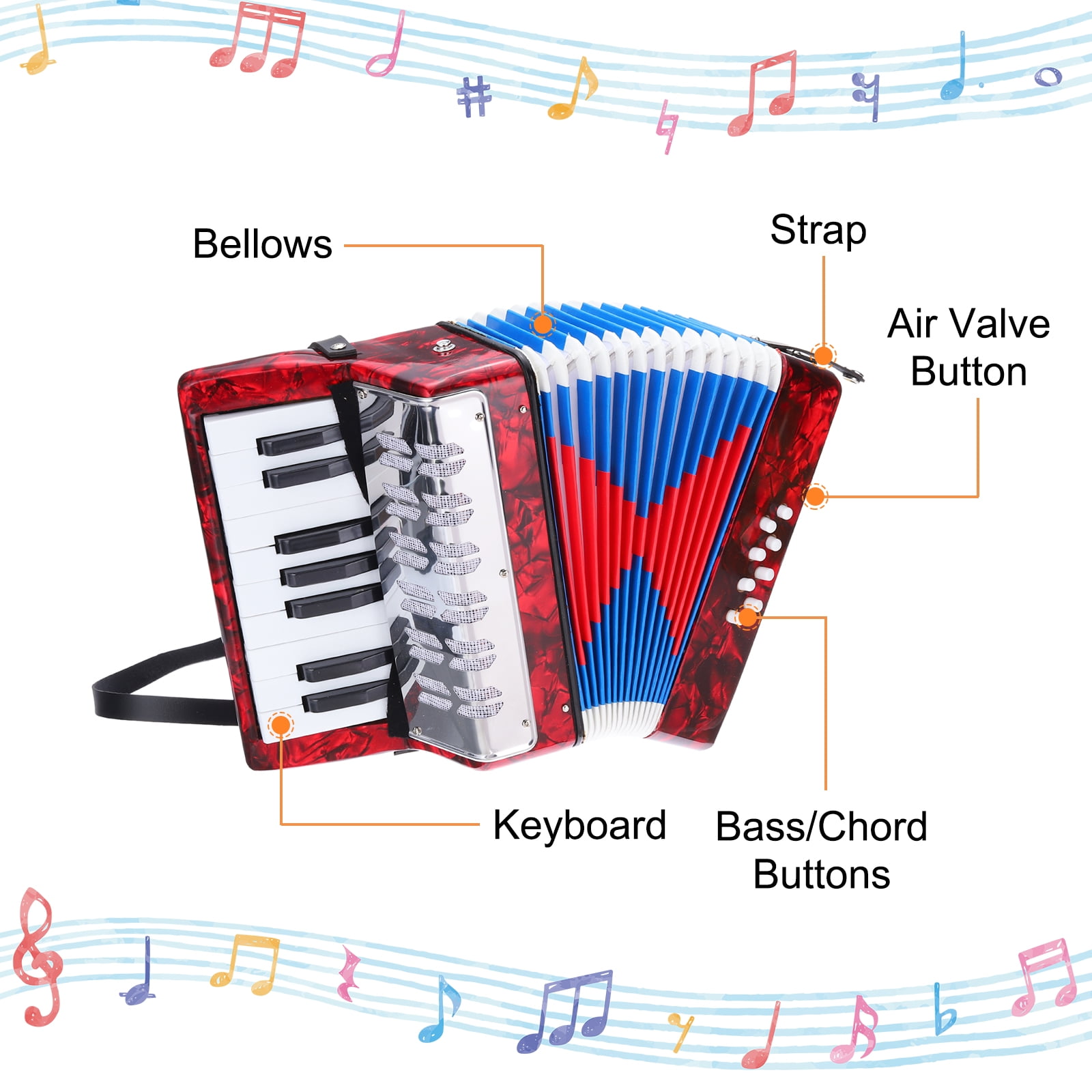 Uxcell 17 Keys 2 Bass Button Accordion Mini Musical Instrument Red
