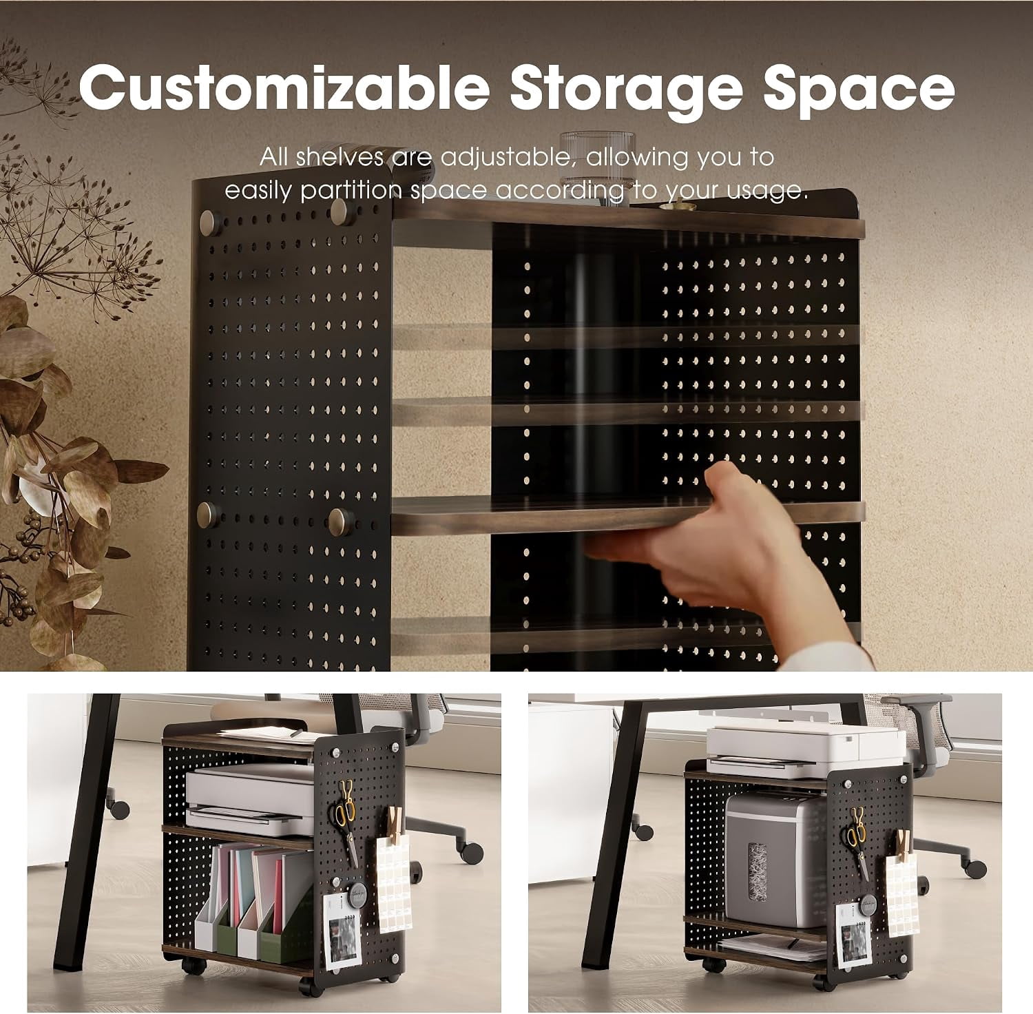 Fenge 3-Tier Rolling Printer Stand with Pegboard Storage, Brown, 17.8 x 13.2 x 21.8 in